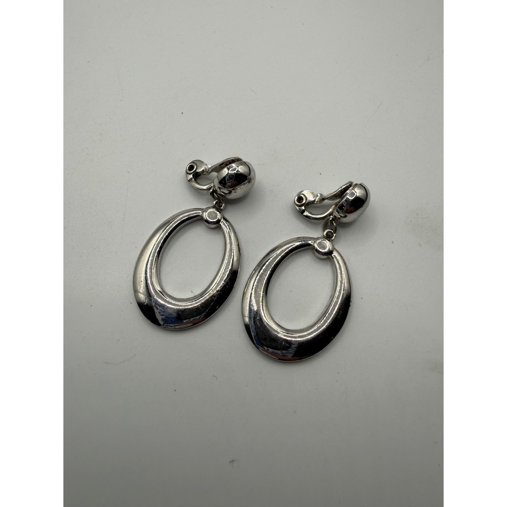 Monet Silver Tone Oval Drop Clip On Earrings Vintage Classic Minimalist Jewelry